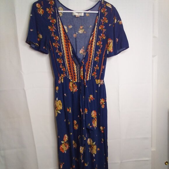 Band Of Gypsies Romper Jumpsuit Women S Short Sleeve Pants Boho Floral Blue - Picture 1 of 15